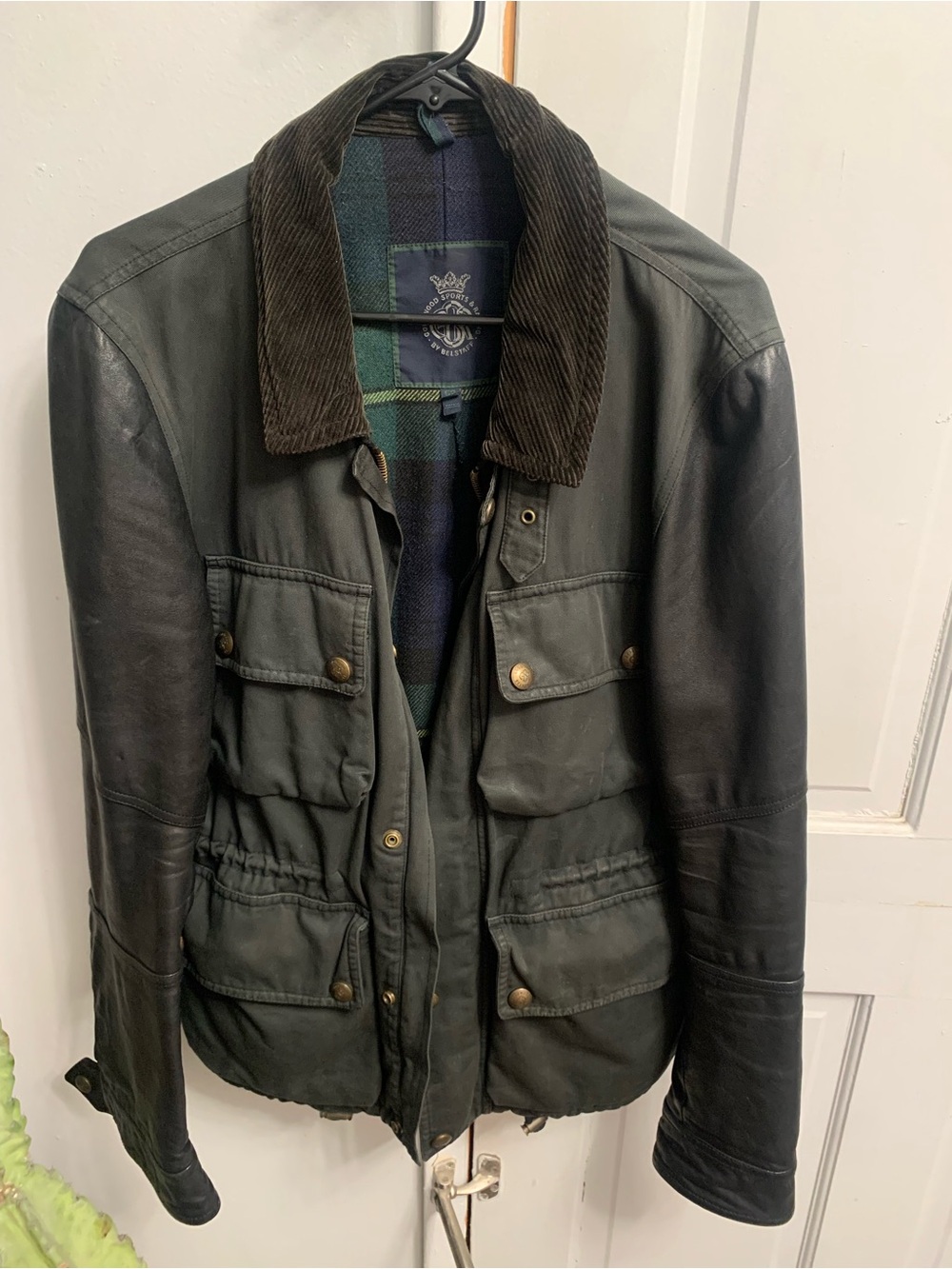 Bellstaff Black Waxed Cotton and Leather Field Jacket with Brown Corduroy Collar